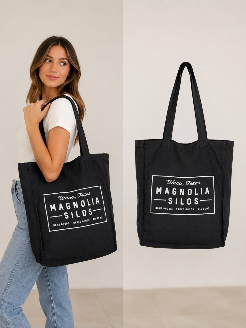 Magnolia Silos | Black Reusable Tote Bag | Waco Texas Market Shopper Travel Bag - Picture 2 of 6